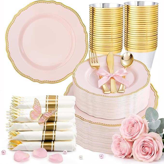 Hioasis 350pcs Pink and gold Plastic Plates - Pink Plastic Dinnerware Set Includes 50 Dinner Plates, 50 Dessert Dinnerware, 50 Cups, 50 Rolled Napkin Cutlery Perfect for Wedding & Mother’s Day
