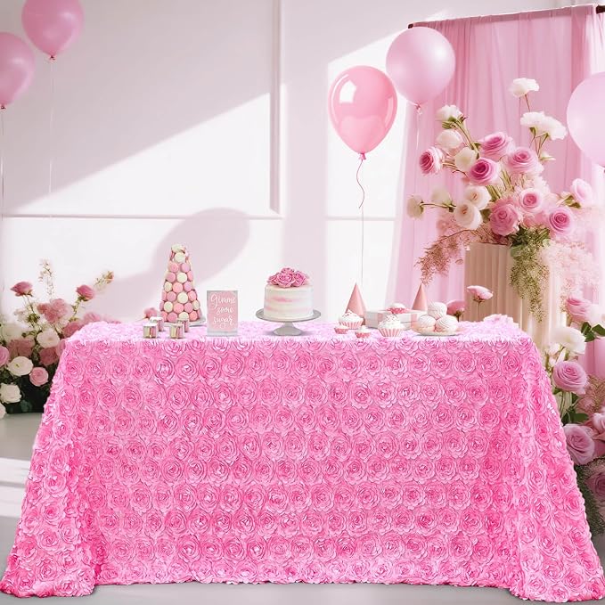 B-COOL Pink Rosette Rectangle Wedding Tablecloth 60x102 Inch Pink Table Cloths for Birthday Girls Party 3D Flower Candy Table Cover for Sweetheart Decoration