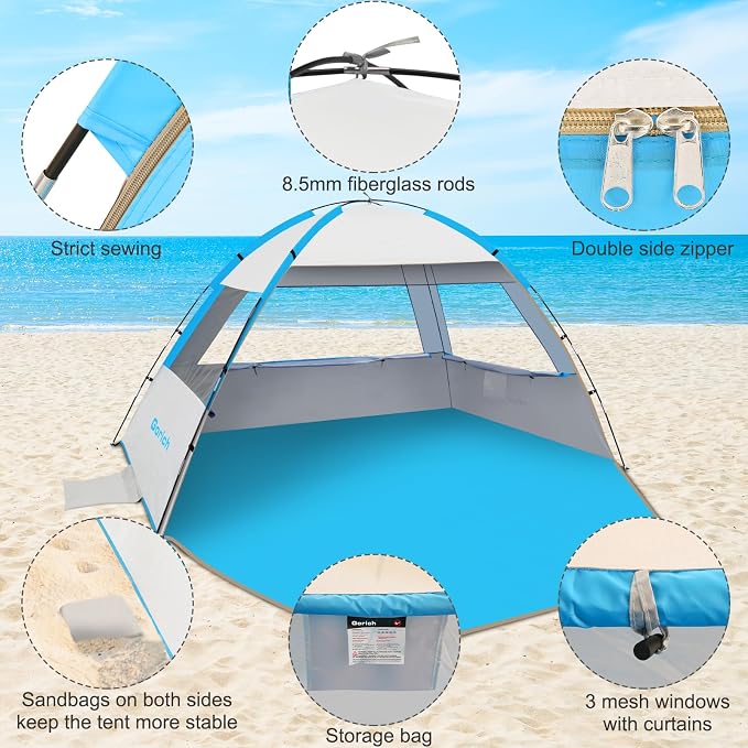 Gorich Beach Tent Sun Shelter for 3/4/6/8/10 Person with UPF 50＋ UV Protection, Lightweight & Easy Setup Beach Shade Canopy, Portable Beach Shade Tent Beach Cabana