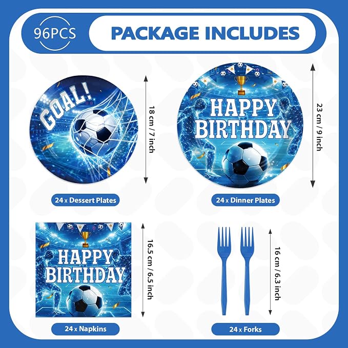 96Pcs Soccer Birthday Party Supplies Blue Soccer Plates and Napkins Sports Theme Tableware Set for Men Boys Sports Birthday Party Supplies, Serves 24