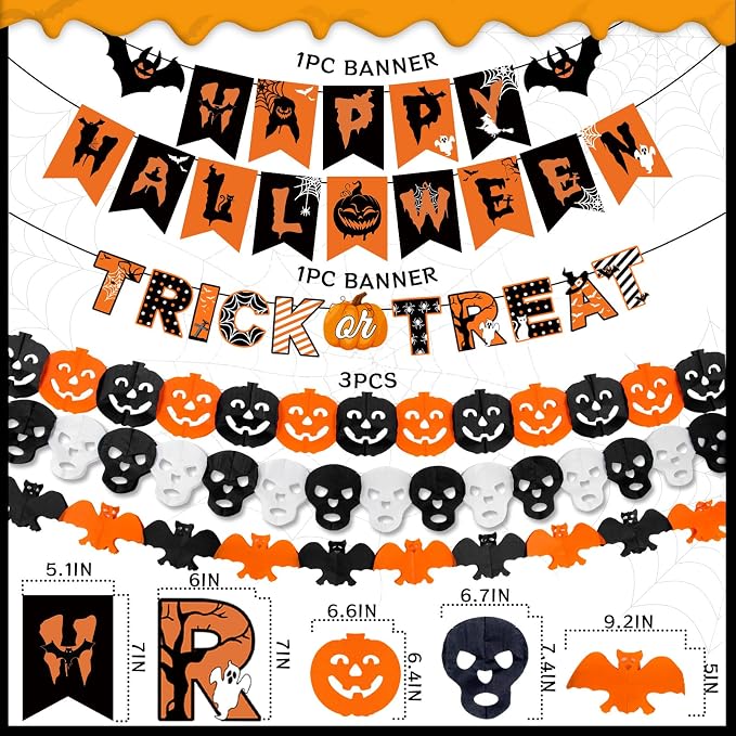 Halloween Party Decorations Happy Halloween Banner Kit Including Trick or Treat Sign Ghost Witches Hanging Swirl, Pumpkins Bats and Skull Head for Indoor Outdoor Decorations