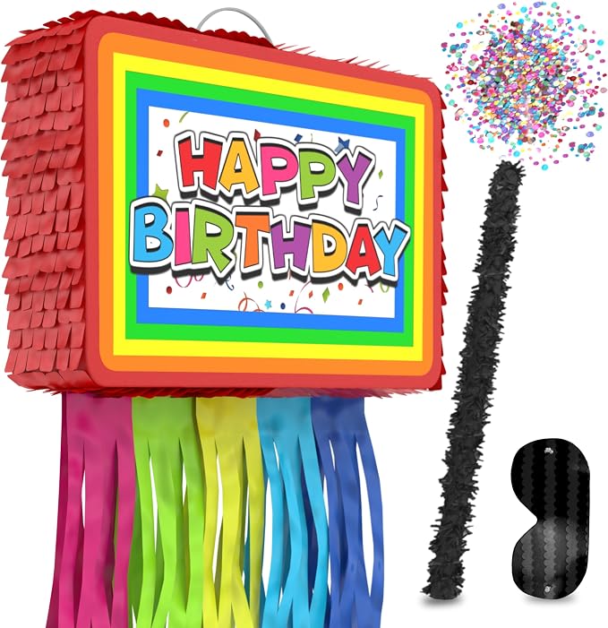 Jergrim Birthday Piñata 4-Piece Set great for Boy, Girl, and Adult party. Happy Birthday Decorations, fun & unique style, fits candy party favors (16”X11”) Durable!