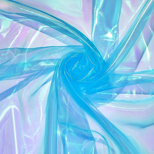 Ganeen 22 Yard Iridescent Fabric Organza Fabric Sheer 59 Inches Wide Rainbow Laser Gradient Lace Holographic Gauze for DIY Dress Curtain Costume Background Wedding Halloween Party Decor (Sky Blue)