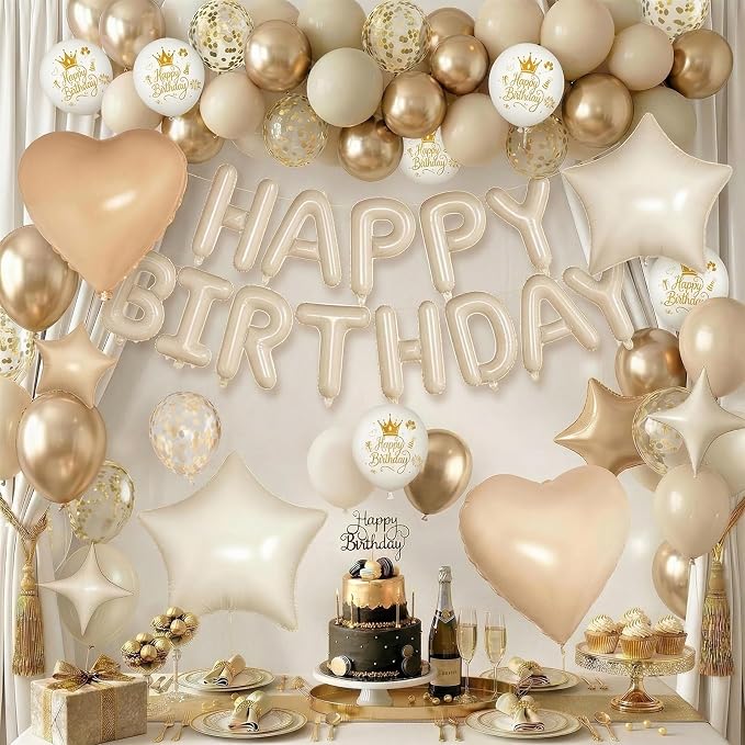 Boho Cream Beige Birthday Decorations for Women Neutral Nude Sand White Champagne Gold Print Balloons Gold Confetti Balloon Happy Birthday Banner Heart Balloons Star Balloon for Bday Party Supplies