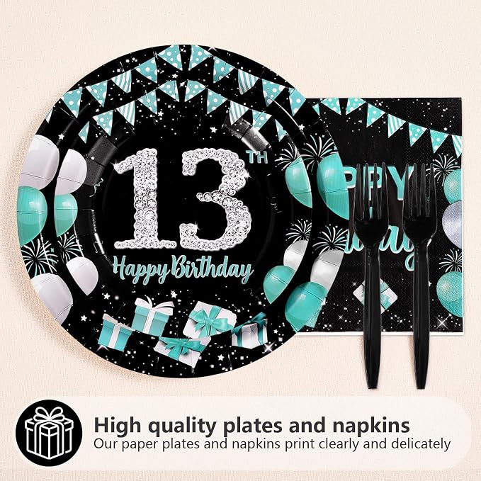 96Pcs 13th Birthday Party Supplies Teal Blue and Black Plates and Napkins Disposable Turquoise Teenager 13 Years Old Paper Tableware Set for Boys Girls 13th Birthday Party Decorations Serves 24