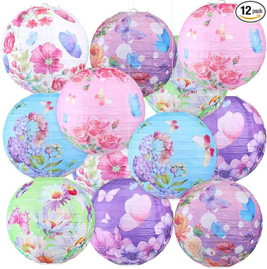 Panelee 12 Pcs Butterfly & Floral Theme Party Decorations Floral Hanging Paper Lanterns 8 Inches Round Flower Paper Lanterns for Summer Tea Party Ceiling Garden Wedding Bridal Decor Supplies