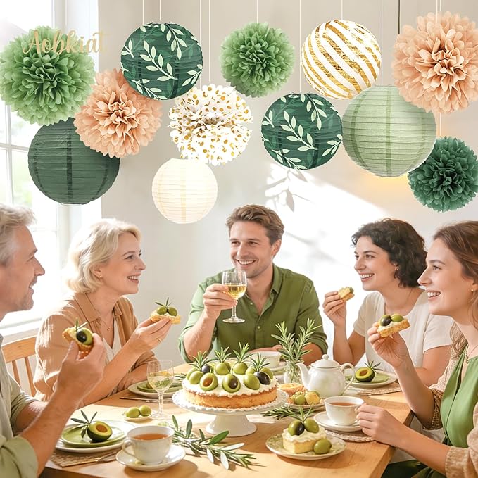 AOBKIAT Wedding Party Decorations Set,12PCS Olive Green Sage Paper Pom Poms Lanterns with Olive Leaf,for Engagement,Baby Shower,Bridal Shower,Boho Party