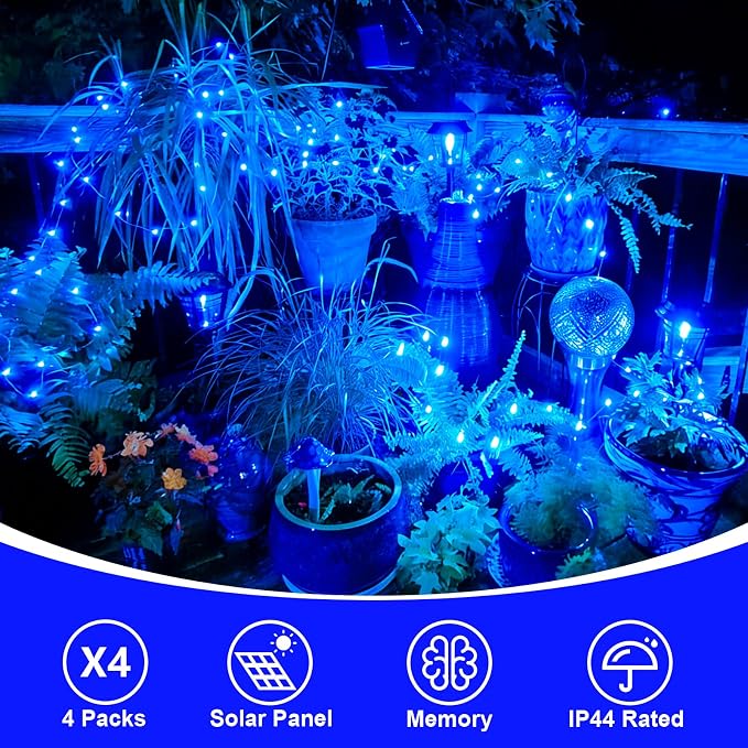 QITONG 4 Pack Solar Fairy Lights, Each 33ft 100 LED Blue Christmas String Light Outdoor Waterproof, 8 Modes Silver Wire Twinkle Mini Lights