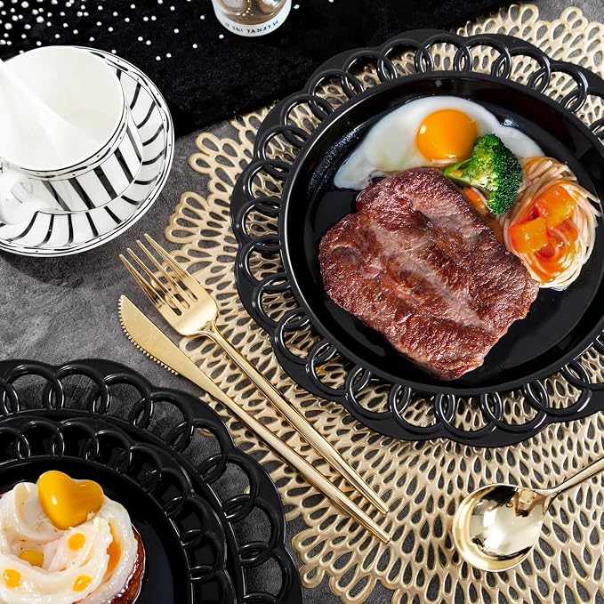 COLOSUS 60pcs Black Plastic Plates Set,Fancy Baroque Plates,Elegant Lace Rim Disposable Plates,Plastic Plate for Party include 30 Dinner plates and 30 Dessert plates for New Year,Party,Wedding