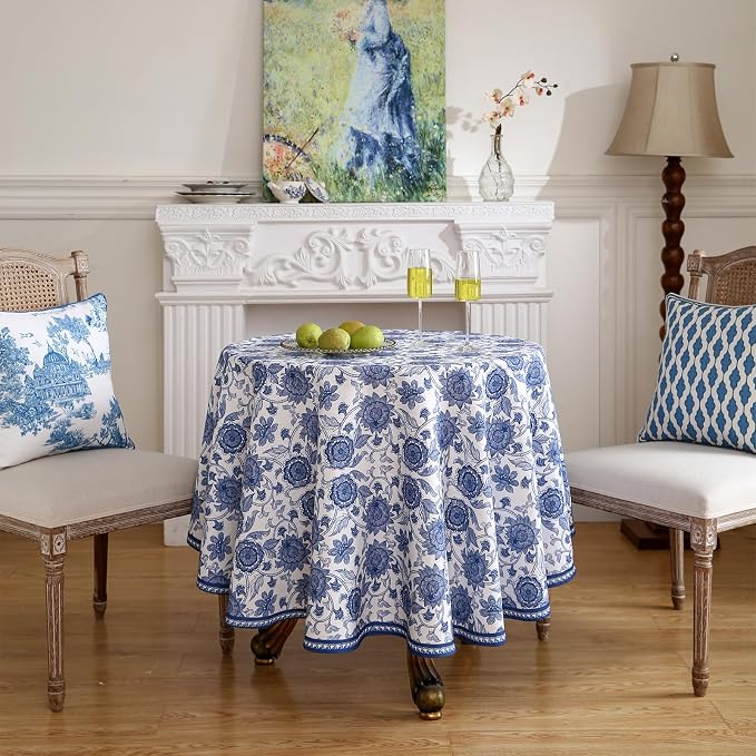 patdrea Elegant French Linen Tablecloth,Round,Diameter 55"-Lantang A | Vintage Elegant Table Cloth for Round Table,Blue and White Floral Print,for Dining Room Tea Party Thanksgiving