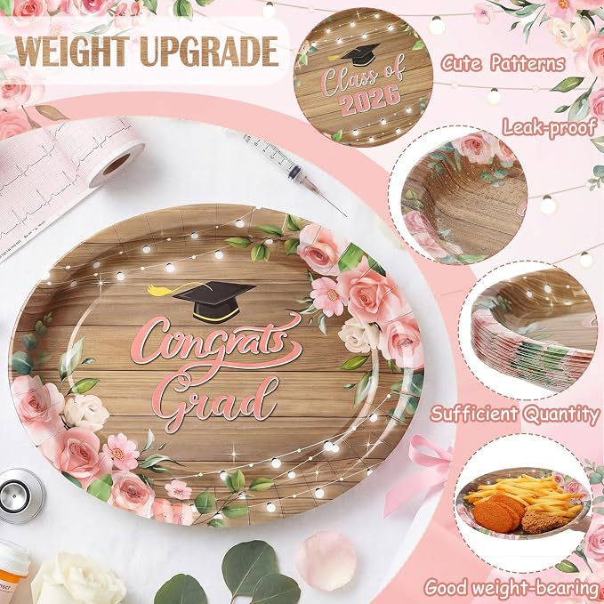 Vesici 150 Pcs Class of 2026 Graduation Party Supplies Floral Graduation Oval Paper Plate Napkin Cup 10'' x 12'' Rustic Heavy Duty Disposable Tableware Set for 2026 Congrats Grad Party Decorations