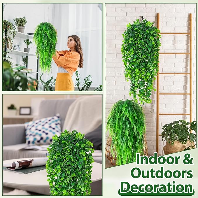 Daifunli 24 Pcs Artificial Hanging Plants Fake Hanging Ferns Plastic Fake Plant for Wall Room Garden Garland Indoor Outdoor Decor No Basket (Boston,Eucalyptus)