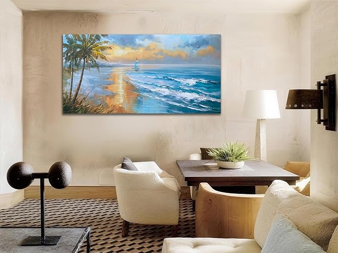 Enartly 3D Textured Seascape Wall Art for Living Room, Ocean Nature Coconut Tree Landscape Canvas Painting Artwork Framed Bedroom Bathroom Hallway Home Office Wall Decor, 58"x29"
