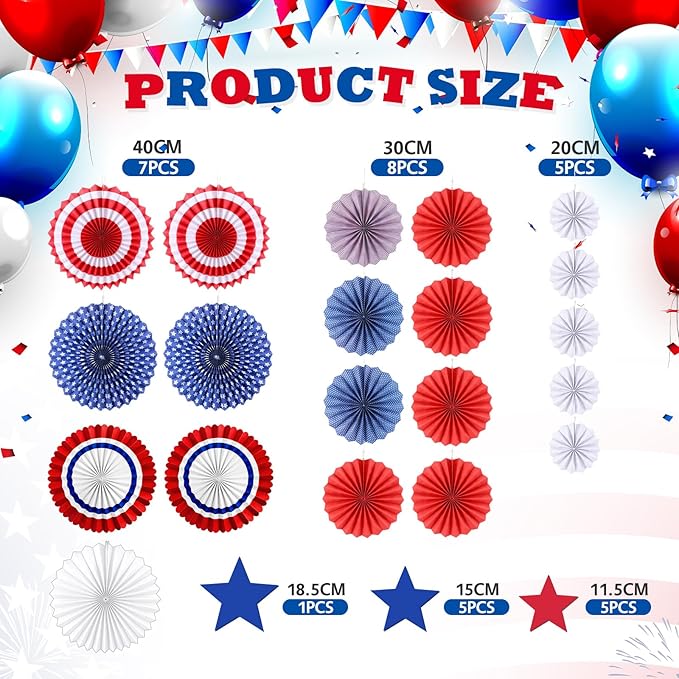 Tinlade 31 Pcs 4th of July Patriotic Decorations Red White Blue Hanging Paper Fans Porch Door Decor for 250 Anniversary Fourth of July Memorial Day USA Independence Day American Party Supplies