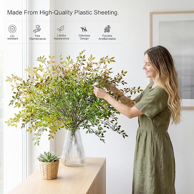 Fake Plants Eucalyptus Stems,Plastics Ficus Stems for Vase Artificial Plants,Greenery Stems for Vase Faux Plants Indoor,43.3" Faux Greenery Indoor Vase Fillers for Home Decor(6pcs Orange)