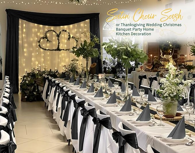 120 PCS Black Satin Chair Sashes, Ties Bows Designed Chairs Decorative, Chair Cover Sashes for Thanksgiving Wedding Christmas Banquet Party Home Kitchen Decoration (7 x 108 inch)