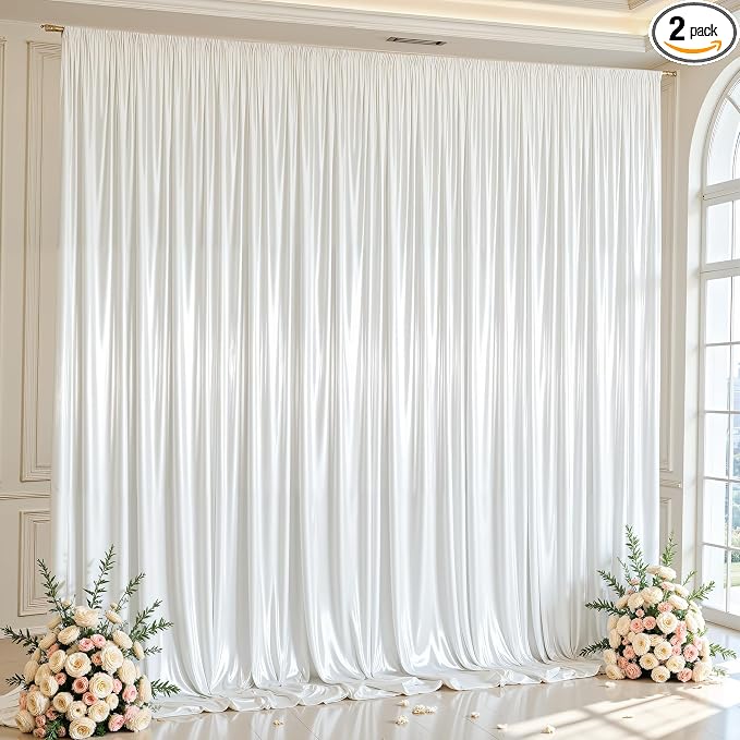 10x10ft White Glitter Backdrop Curtain for Parties, Wrinkle Free Satin Photo Backdrop Drapes 2 Panels 5x10FT Shimmer Back Drop Cloth for Wedding Birthday Baby Shower Photography Background Decor
