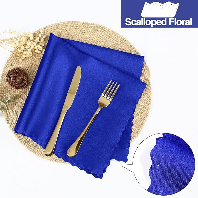 Homiest Royal Blue Satin Napkins - 100 Pack, 17x17 Inches, Scalloped Square, Silky Elegant Wedding Napkins for Restaurant Banquet Graduation Party