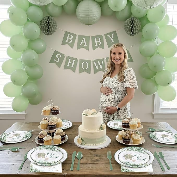 Sage Green Baby Shower Decorations Boy,A Sweet Baby Boy is on His Way Woodland Theme Party Supplies It's a Boe Tableware Set Serves 24 Guests includes Disposable Plates Cups Napkins and Cutlery