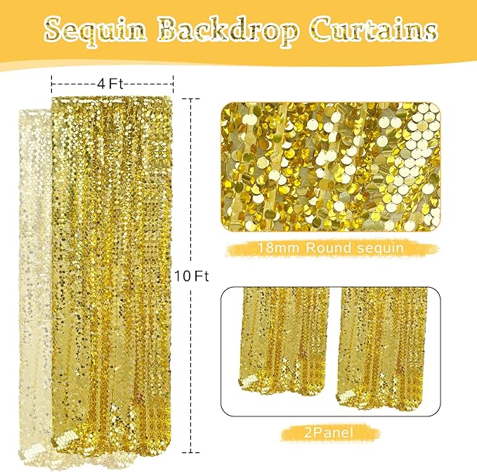 Gold Payette Sequin Backdrop, 4x10 Feet, 2 Panel Shimmer Large Sequin Backdrop Curtain for Decor, Parties, Home