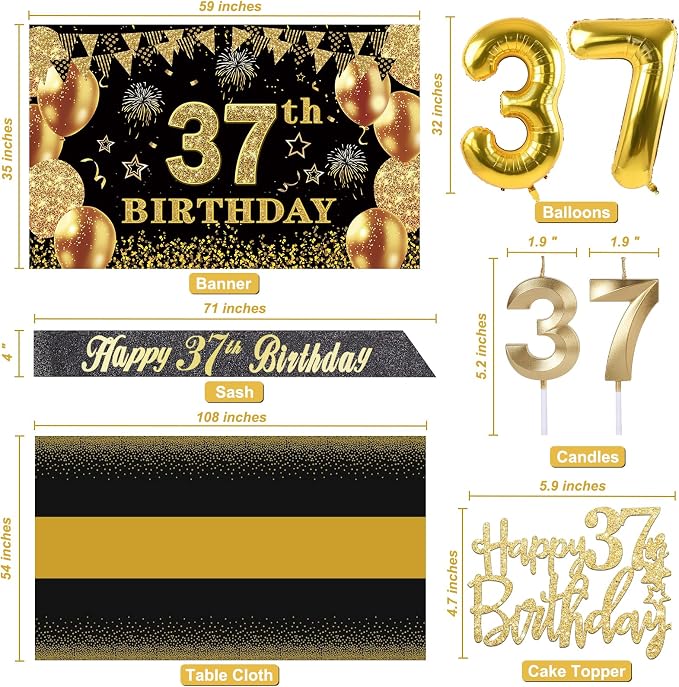 37th Birthday Decorations Men Women with 37th Birthday Banner, Black and Gold Table Cloth, Number Balloons, Large Sash, Cake Topper and Candles