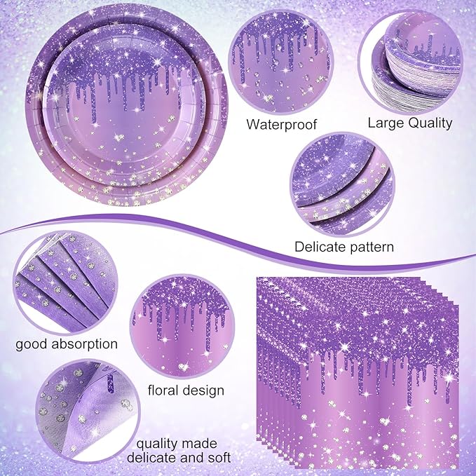 Funnymoom 452 Pcs Purple and Silver Birthday Party Decorations Include Glitter Purple Paper Plates and Napkins Cups Tablecloth Cutlery Straws Disposable Tableware Set for Women Birthday Supplies