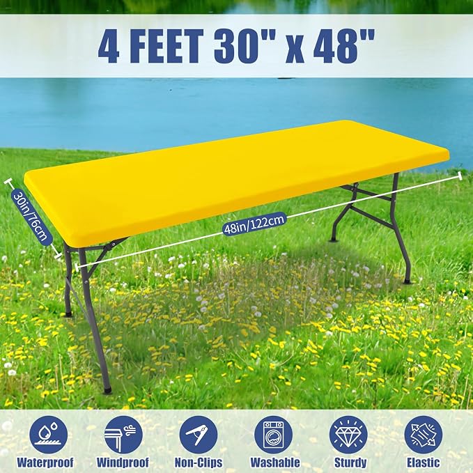Moosfor Spandex 4 Foot Rectangle Table Cloth 4 Pack, Elastic Fitted Tablecloths for Picnic, Stretch Washable Patio Table Cover for Outdoor, Camping, Banquet and Parties (Yellow, 30"x48")