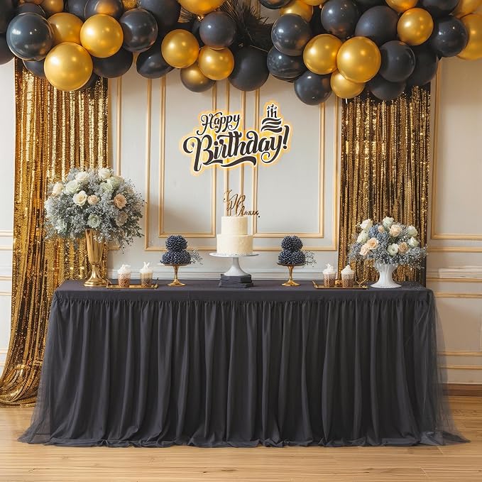 Black Tablecloth for 8 Foot Rectangle Tables, Ruffle Tulle Table Skirt for Rectangle Table 8ft Tables Cover Fitted Banquet Birthday Party Wedding Tablecloth Elastic Stretch