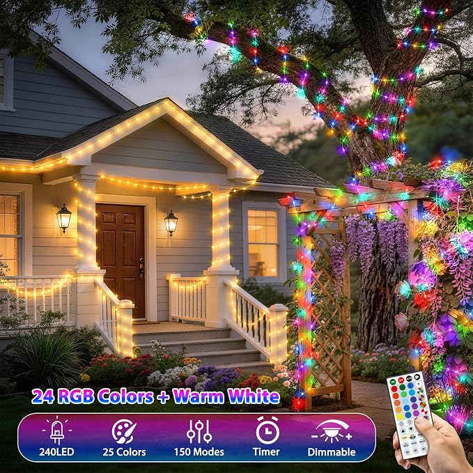 OMIKA Fairy Lights Plug in, 240 LED 80 FT Fairy Lights with Remote, 150 Lighting Modes String Lights Indoor, RGB Colors+Warm White Fairy Lights for Bedroom Party Outdoor Decor