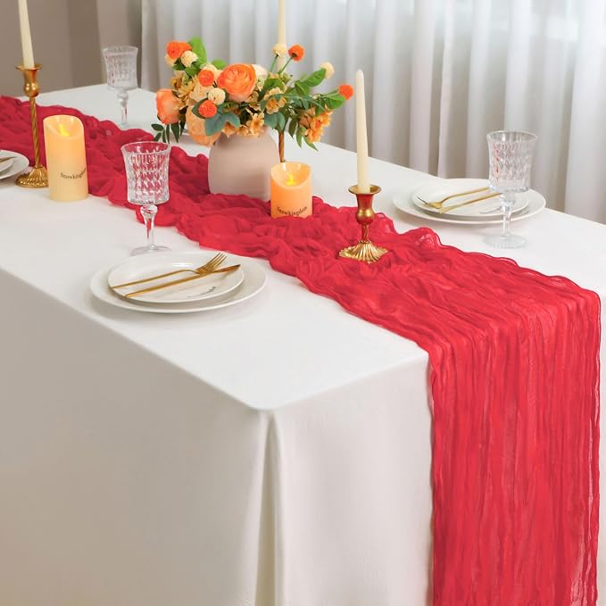 Snowkingdom 6 PCS Red Cheesecloth Table Runner 10 Ft, 120 inch Long Cheese Cloth Gauze Runners for Christmas Wedding Bridal Baby Shower Birthday Holiday Party Table Decorations