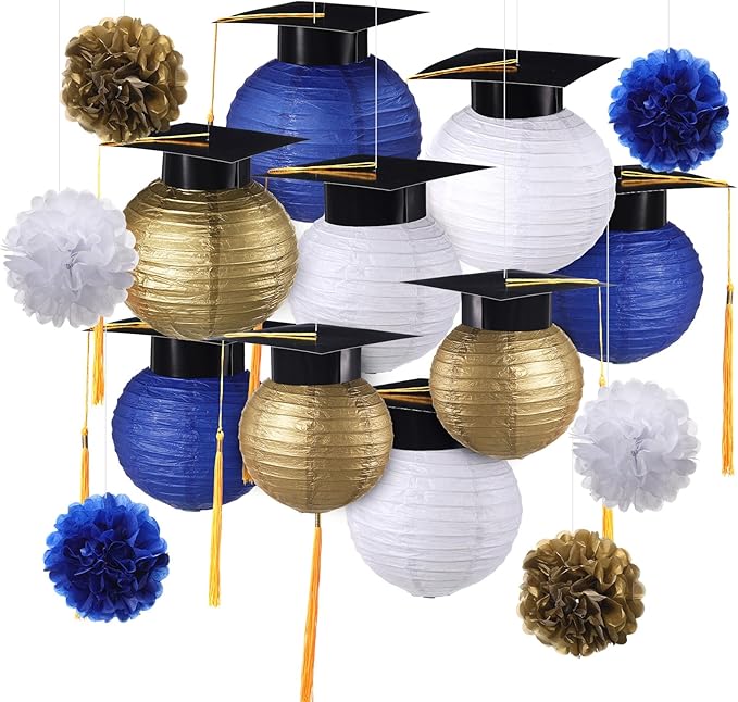 Gilprop 15 Pcs Blue and Gold Graduation Decoration 2026 Paper Lanterns Graduation Party Decorations Hanging Round Paper Lanterns with Black Grad Hat Tassel for Congratulation Grad Decorations