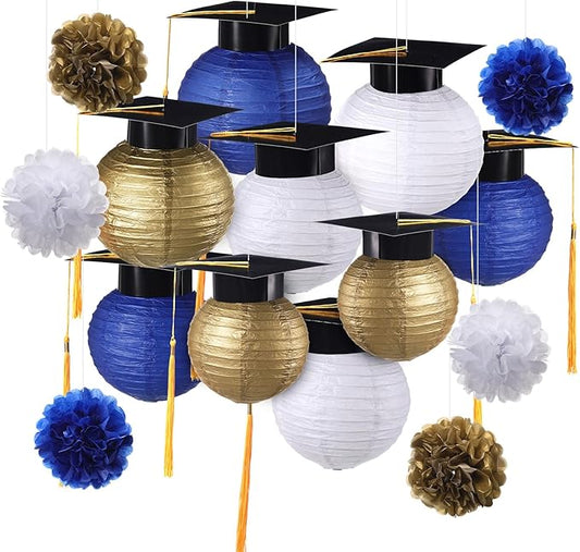 Gilprop 15 Pcs Blue and Gold Graduation Decoration 2026 Paper Lanterns Graduation Party Decorations Hanging Round Paper Lanterns with Black Grad Hat Tassel for Congratulation Grad Decorations