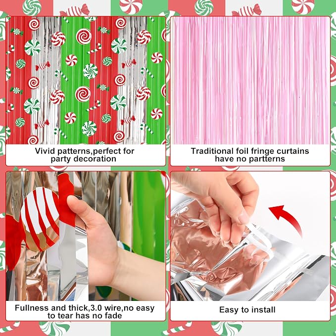 Blosssound 2 Packs Christmas Party Decorations 3.3 x 6.6 ft Candy Cane Foil Fringe Curtain Xmas Holiday Tinsel Streamers for Xmas Winter Holiday Baby Shower Decoration(2 Packs, Christmas Candy)
