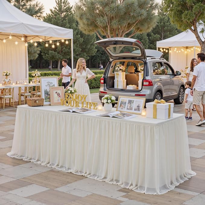 familus 8ft Ivory Spandex Fitted Tablecloth with Tulle Table Skirt - 2-in-1 Structured Tutu Table Cover for Weddings, Trade Shows, Banquets & Professional Events