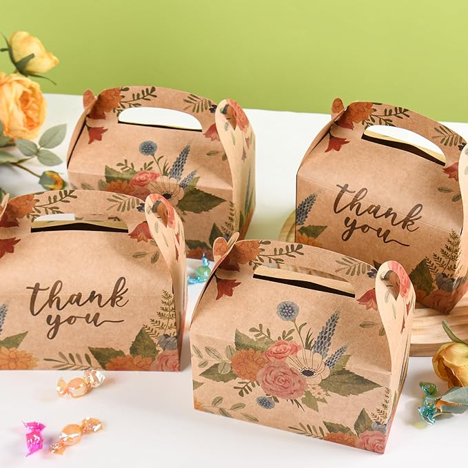 DjinnGlory 36 Pack Brown Kraft Party Favor Treat Boxes for Wedding, Bridal Shower, Annivesary, Christmas and all Occasion, Floral Thank You Gable Boxes for Small Business 6.18x3.58x3.39 Inches