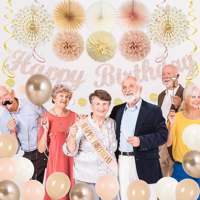Vlipoeasn Beige Pink Birthday Party Decorations Champagne Women Girls | Rose Gold Peach Happy Birthday Banner Cake Topper Paper Fans Pompoms Latex Balloons Haning Swirls Kit for Women Girls Indoor
