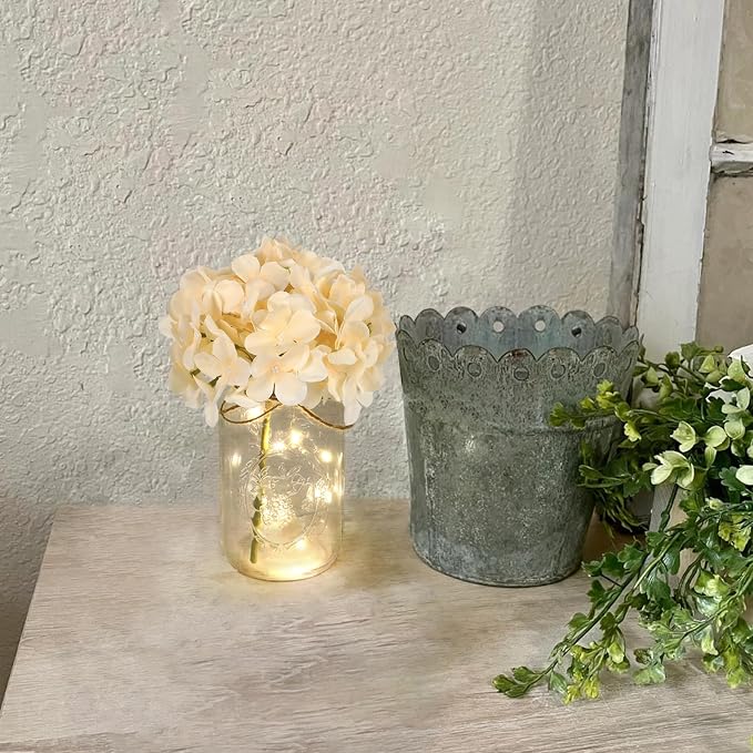Set of 3 Mason Jar Lights, Champagne Hydrangea Holiday Table Decor | Farmhouse Table Centerpiece for Home Wedding Event Party Decor