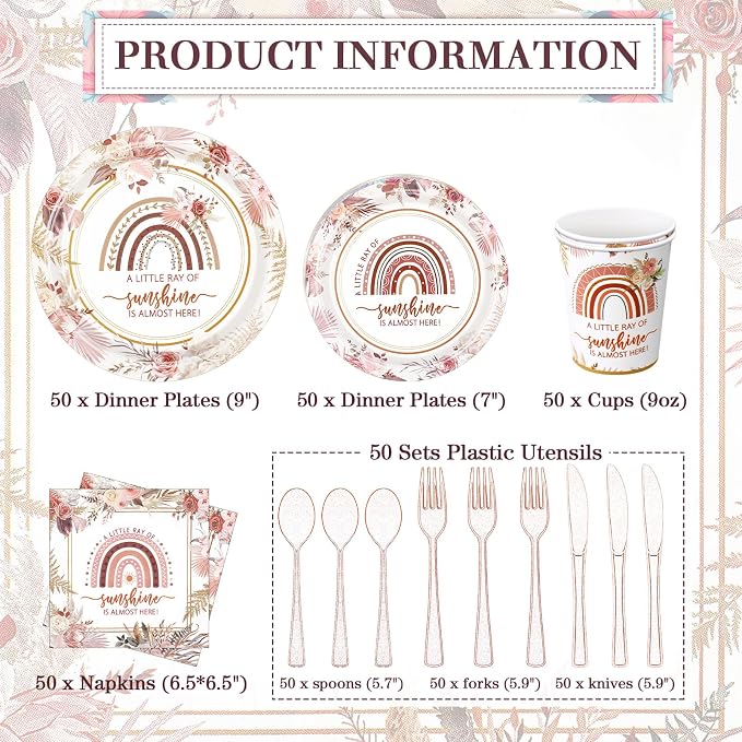 Ziliny 350 Pcs Boho Sunshine Baby Shower Party Supplies Rainbow Paper Plates Napkins Cups and Plastic Cutlery Party Tableware Set for Baby Shower Birthday Decorations, Serves 50