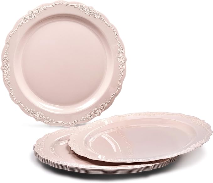 " OCCASIONS " 240 Plates Pack,(120 Guests) Vintage Wedding Party Disposable Plastic Plates Set -120 x 10'' Dinner + 120 x 7.5'' Salad / Dessert (Verona in Blush / Antique Rose)