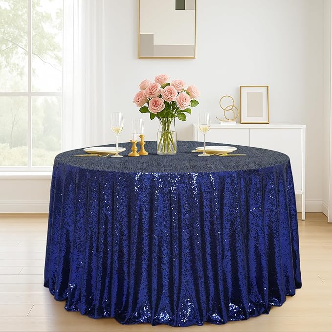 Eternal Beauty Navy Blue Tablecloth, 120 Inch Round Sequin Tablecloth for Party Cake Dessert Table Exhibition Events