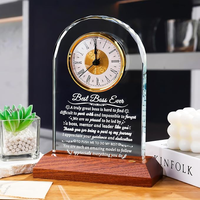 Glass Clock Best Boss Ever Gifts for Women with Wooden LED Light Base, Personalized Appreciation Gift for Men, Retirement Clock for Lady Boss Going Away, Boss's Day Gift Idea for Office Desk Clock