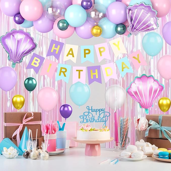 Mermaid Birthday Decorations for Girls, Pink Purple Blue Balloons with 'HAPPY BIRTHDAY' Banner Cake Topper Shells Foil Balloon Pink Fringe Curtain for Girls Women Mermaid Party Decorations