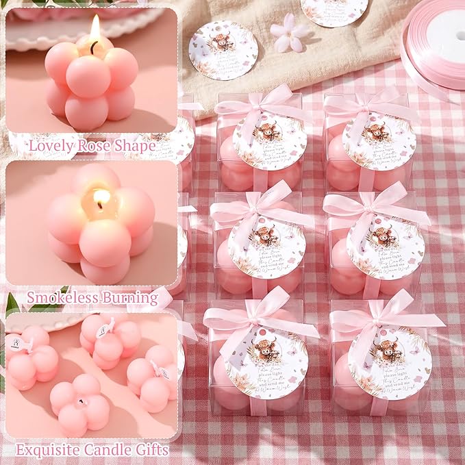 MTLEE 24 Sets Cow Baby Shower Favors Party Candle Small Bubble Candle Baby Shower Favors for Guests Tea Candles Bulk with Stylish Ribbons Cards Gifts(Pink, Cow)