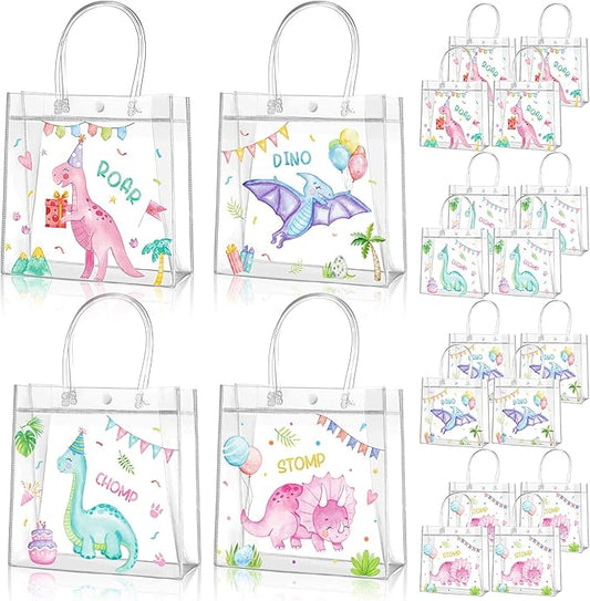 Aliceset 20 Pcs Pink Dinosaur Clear Treat Bags with Handles Cute Watercolor Dinosaur Party Favor Dino Gifts Bags for Birthday Dino Theme Party Supplies Candy, 8 x 8 x 3.15 Inch