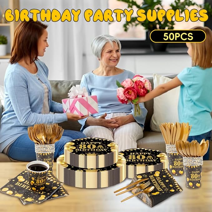 350PCS 80th Birthday Party Decorations for 50 Guests Black and Gold Party Supplies Include Disposable Paper Plates, Napkins, Cups, and Tableware