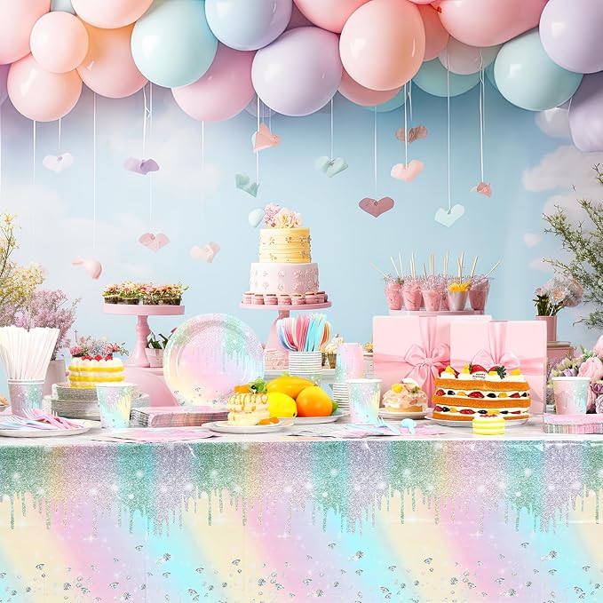 Funnymoom 452 Pcs Iridescent Diamond Birthday Party Decorations for 50 Guests, Glitter Pastel Rainbow Paper Plates and Napkins Cups Tablecloth Cutlery Straws for Women Birthday Baby Shower Supplies