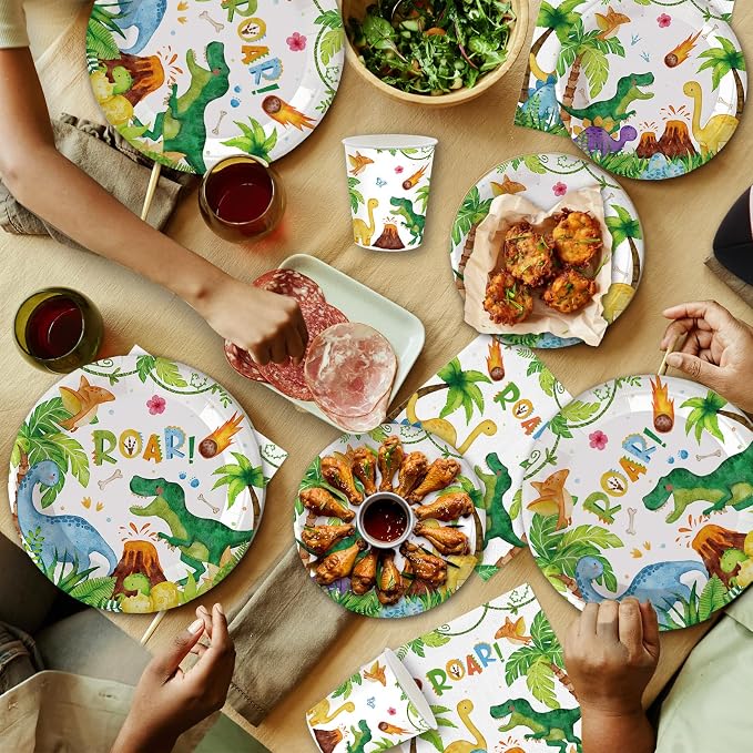 140Pcs Dinosaur Birthday Party Supplies Tableware Set Dinosaur Party Decorations Plates and Napkins Baby Shower Dino Party Paper Plates, Serve for 20