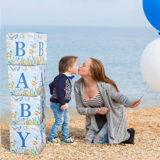 4 Pcs Under The Sea Baby Shower Boxes Ocean Theme Baby Shower Decorations Blocks with Letter Underwater Sea You Soon Party Centerpiece for Backdrop