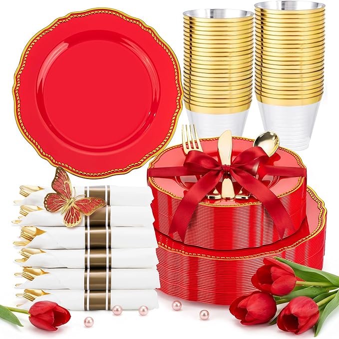 Hioasis 175pcs Red Gold Plastic Plates - Red Plastic Dinnerware Set Includes 25 Dinner Plates, 25 Dessert Dinnerware, 25 Cups, 25 Pre-rolled Napkins Perfect for Wedding & Party & Mother’s Day