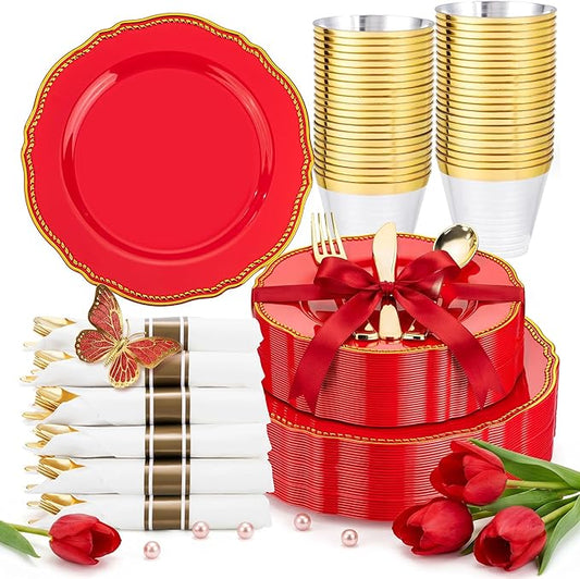 Hioasis 175pcs Red Gold Plastic Plates - Red Plastic Dinnerware Set Includes 25 Dinner Plates, 25 Dessert Dinnerware, 25 Cups, 25 Pre-rolled Napkins Perfect for Wedding & Party & Mother’s Day